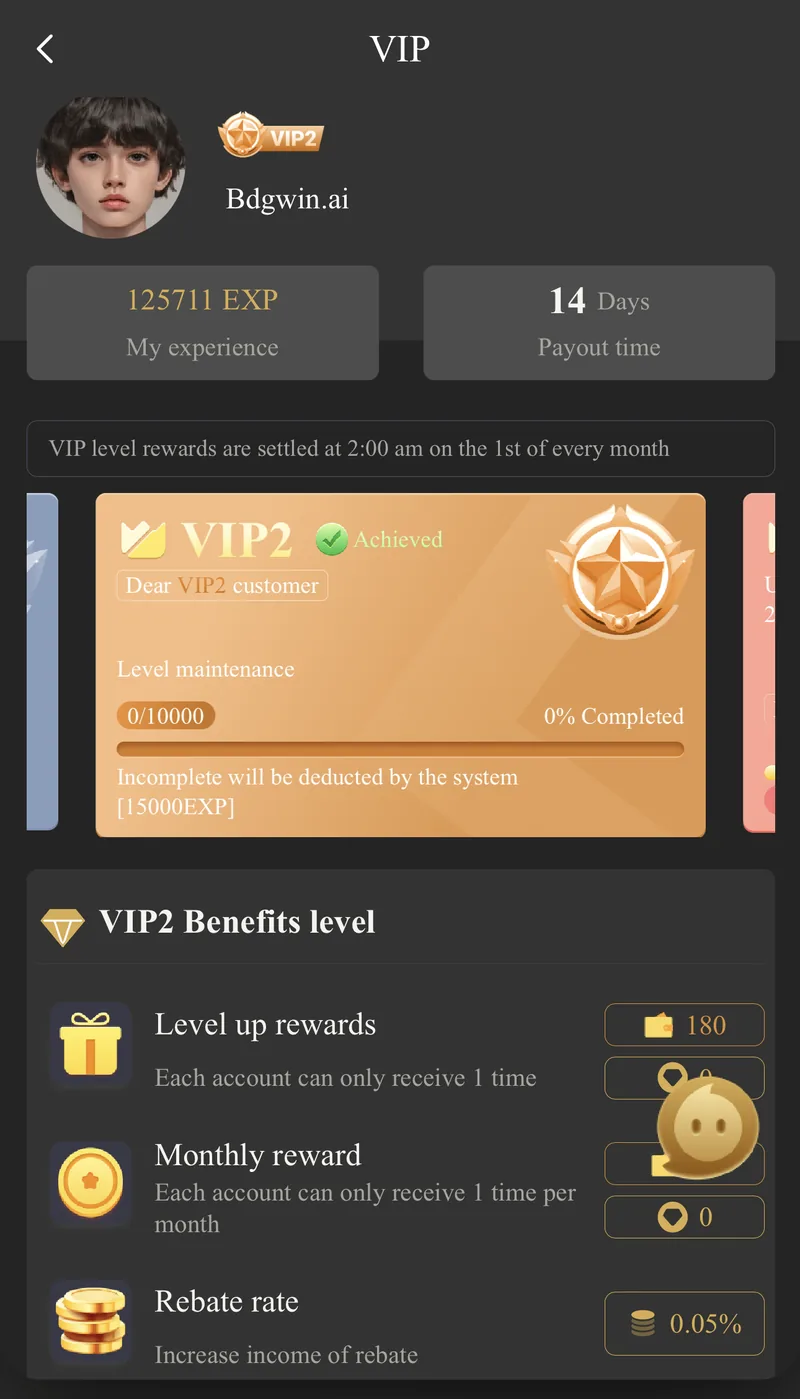 6 Club VIP profile screen showing tier badge, experience points and unlocked benefits